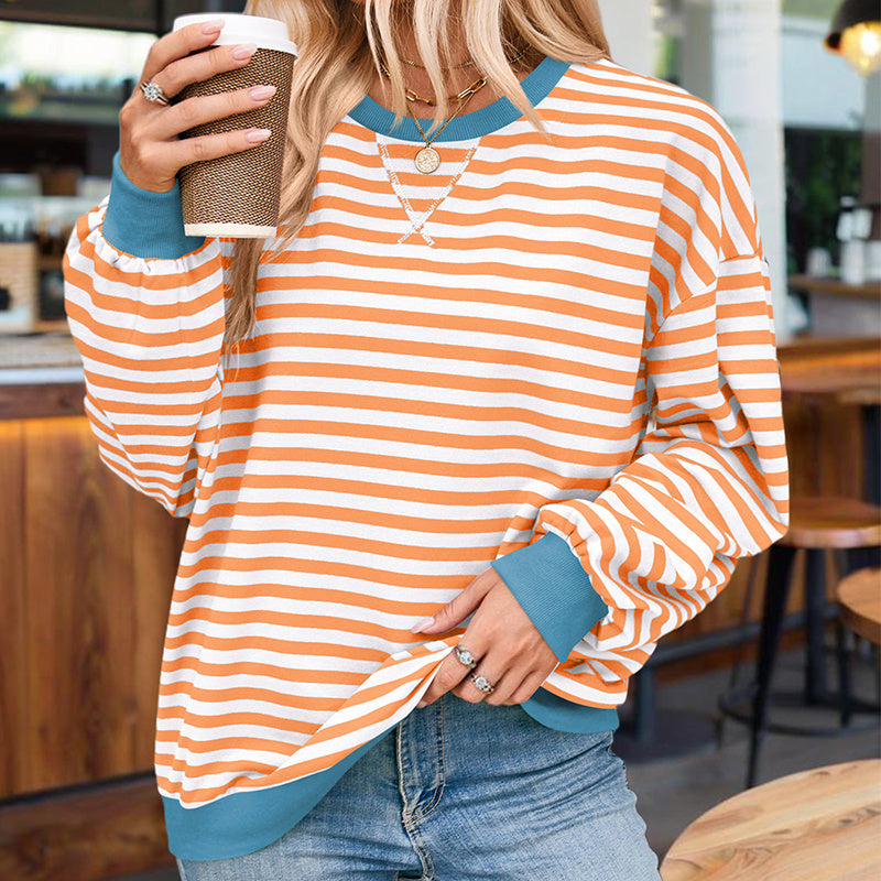 Women's Casual Crewneck Striped Long Sleeve Sweatshirt - Comfortable Loose Fit Ribbed Knit Top For Spring&Fall