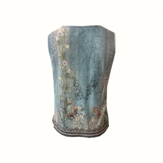 Ladies' Fashionable Printed V-neck Half Zipper Off Shoulder Vacation Style Camisole Vest