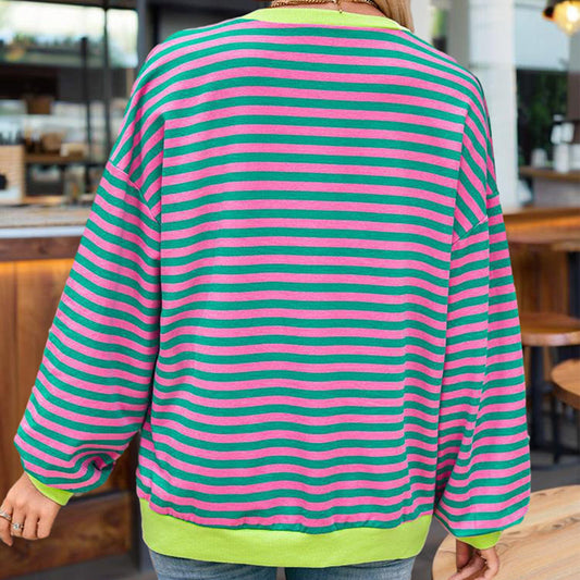 Women's Casual Crewneck Striped Long Sleeve Sweatshirt - Comfortable Loose Fit Ribbed Knit Top For Spring&Fall