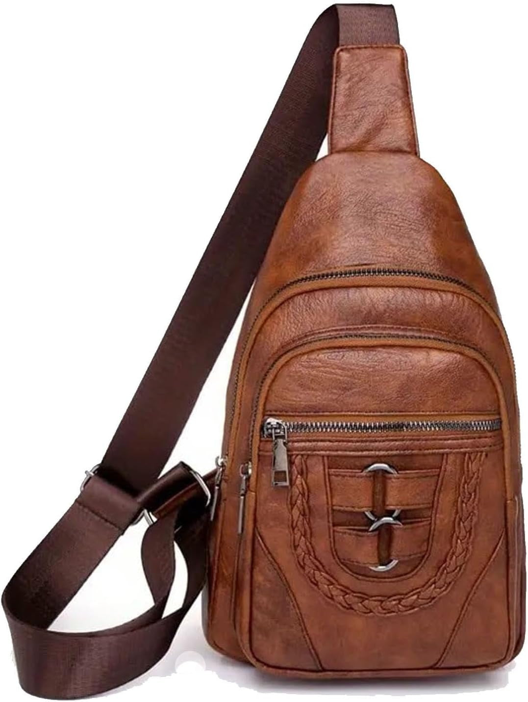 Sling Bag For Women, Multi Pockets CrossBody Bags, Purses Fanny Packs, Vegan Retro Leather Braiding Sling Backpack For Travel