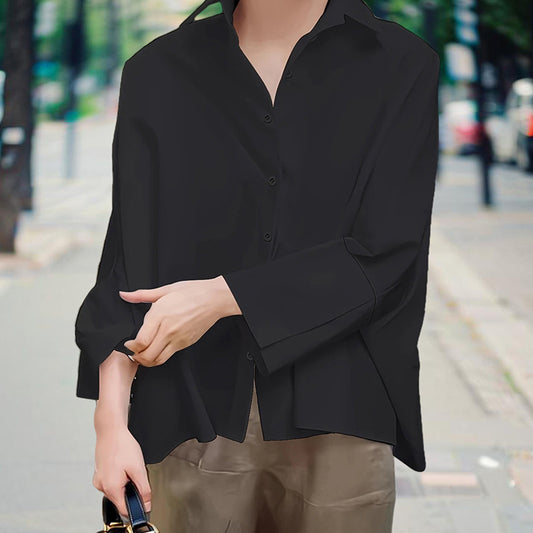 Women's Solid Color Fashion V-Neck Blouse - Puff Sleeve Button-Down Long-sleeved Shirts For Spring & Fall
