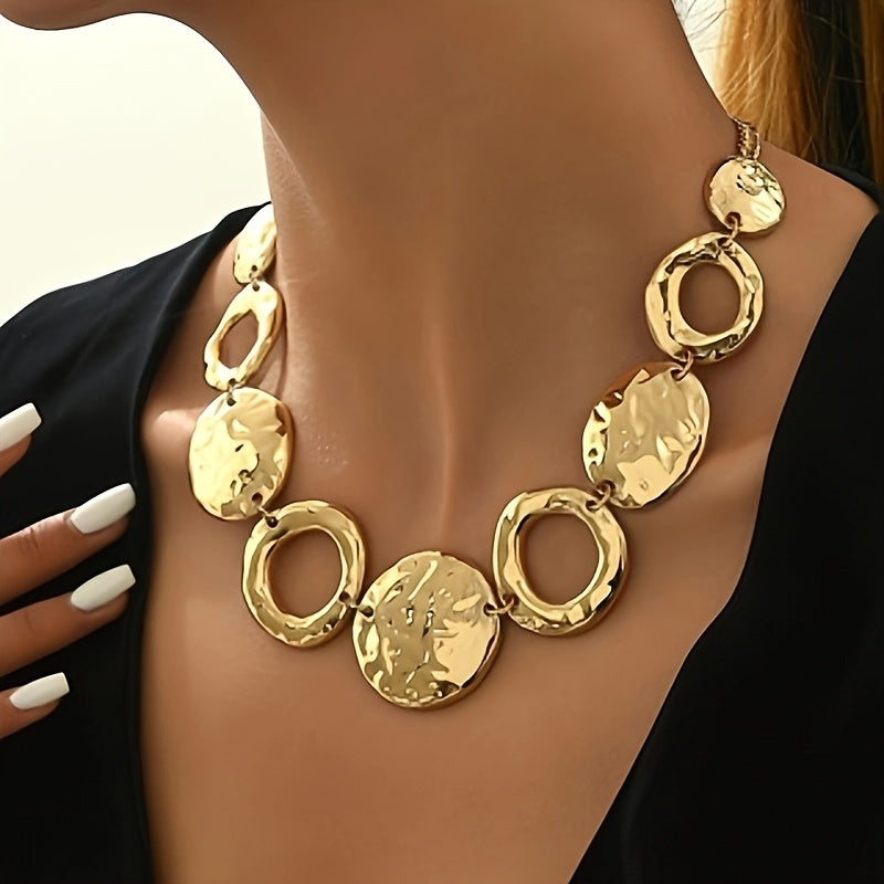 Lxalry Hammered Texture Geometric Gold Necklace, Handmade Layered Statement Jewelry For Women, Modern Artisan Gift For Elegant Everyday & Evening Outfits