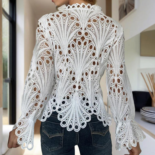Women's Sexy Lace Hollow Out Blouse - Round Neck Button Front Long Flared Sleeve Top